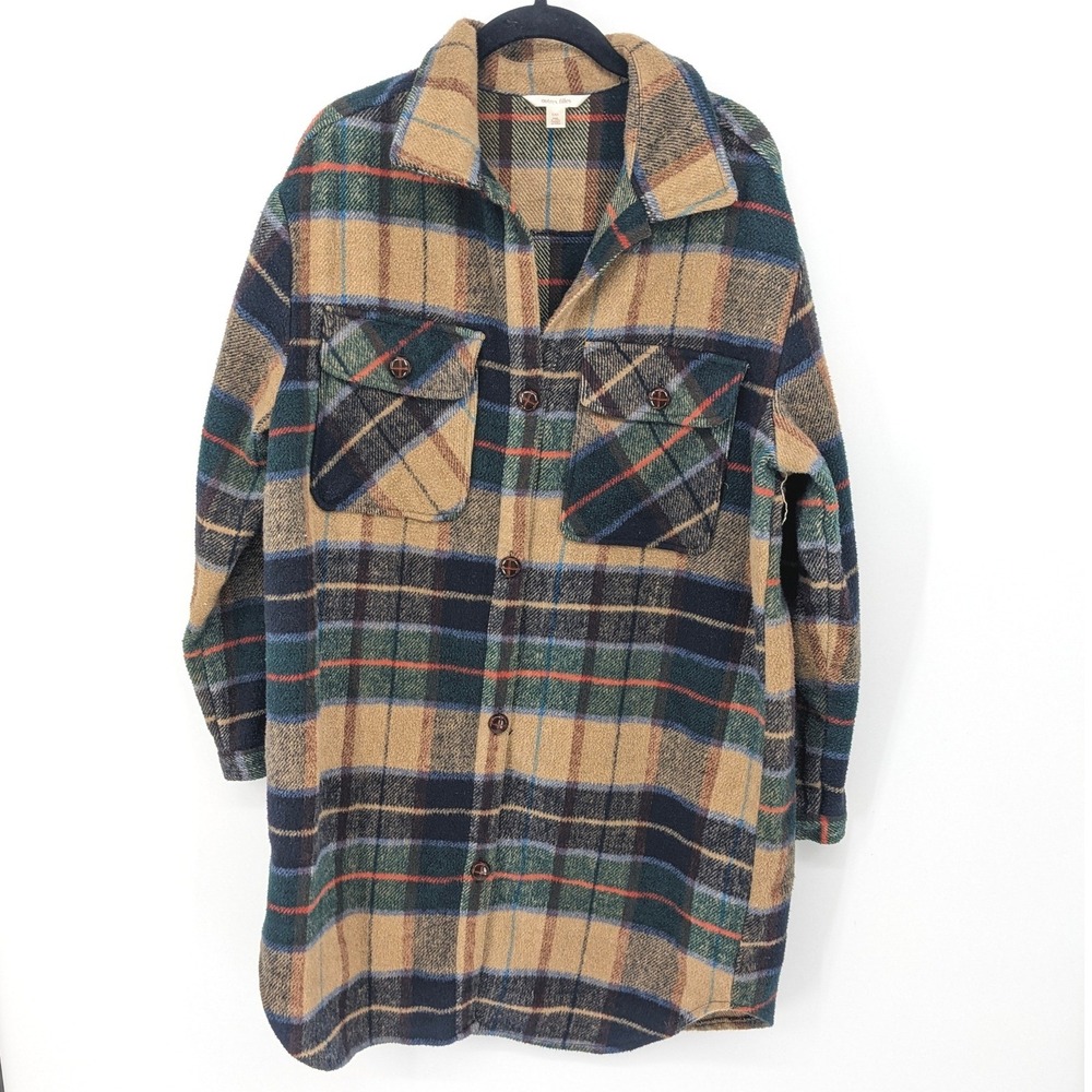 Autres Filles‎ Faux Wool Shacket Womens Large Tan Green Plaid Longline Flannel